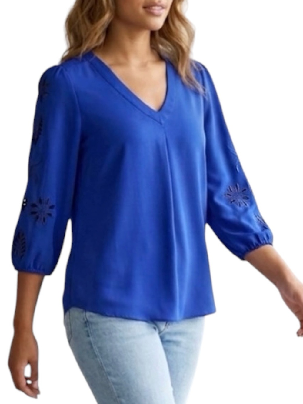 Brixon Ivy Royal Blue Cutout Eyelet Floral Sleeve V Neck Blouse Top Size S